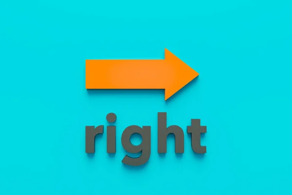 Right, direction sign with arrow. Direction sign, orange arrow shows to the right. Blue background. The word right in dark letters. Street sign, geographical or political direction. 3D illustration.