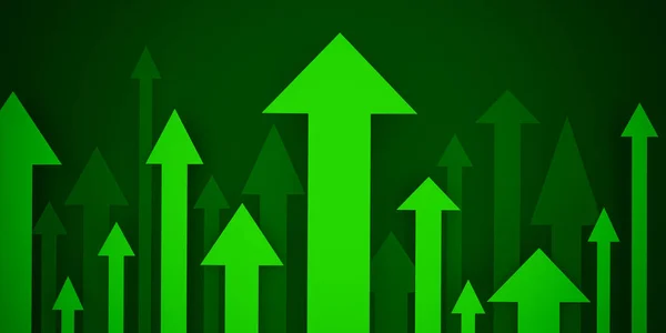 Arrows moving to the right. Arrows moving up, high and to the top. Green arrows showing the direction upward. Moving after, ascend, above, upward and tall.