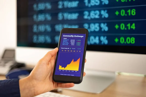 Oil prices moves up on mobile screen. Woman\'s hand holds a mobile phone. Strong rising oil chart on the screen. Monitor in the background. Stock market, energy crisis, commodity, trading and business concept.