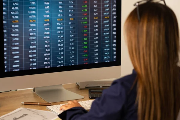 Businesswoman watches a financial report with business data on the screen. Market data, financial figures, numbers. Trading, business, investment, revenues and financial report.