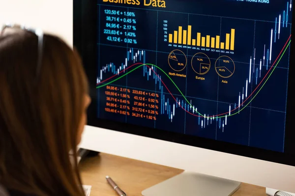 The financial advisor looks at the report with the data and rising chart on the screen. Businesswoman, business data, financial figures, company information. Trading, business, investment, revenues and earnings and tax report.