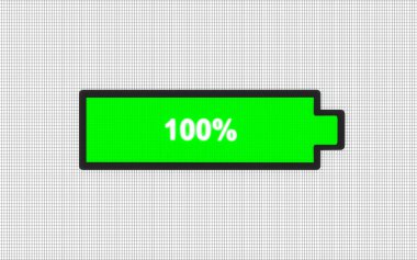 Batarya güç seviyesi yüksek. Tam dolu batarya, yeterli güç. % 100 batarya seviyesiyle yakın çekim görüntüsü. Görüntü