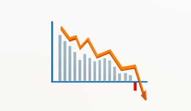 Çubuk grafiğini okla azaltıyorum. Bir sütun negatif, ok x ekseninin altına düşüyor. Metin, örneğin iş kullanımı, istatistik veya eğitim eklenecek yerler vardır. 3B illüstrasyon.