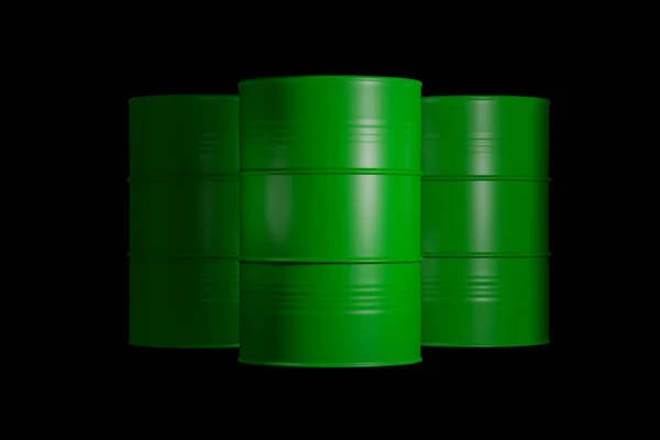 Trzy Zielone Beczki Symbol Beczek Olejowych Czarnym Tle Koncepcja Ilustracja — Zdjęcie stockowe