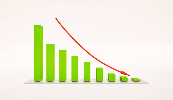 Declining bar chart with arrow. Columns in green, arrow in red. There is place above and beneath to add text, for instance business use, statistics or education. Copy space and 3D illustration.