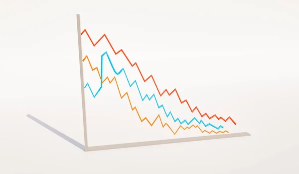 三个下降的图表红线 蓝线和橙色线 有地方可以添加文字 例如商业 统计或教育 复制空间和3D插图 — 图库照片