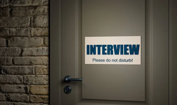 Interview sign on a door. Interview, please do not disturb. The sign hangs on a white door. Left to the door is a old white brick wall. 3D illustration