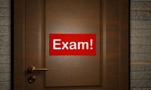 Exam sign on a door. Exam in the school or university. The red sign hangs on a dark door. Left and right to the door is an old brick wall. 3D illustration