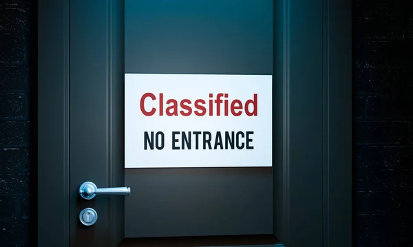 Classified, door sign. Dark hallway with a lighted door and a white sign and the information, \