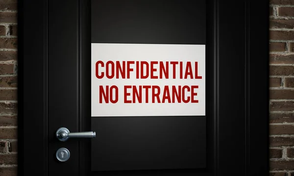 Confidential, door sign. Dark hallway with a door and information, 