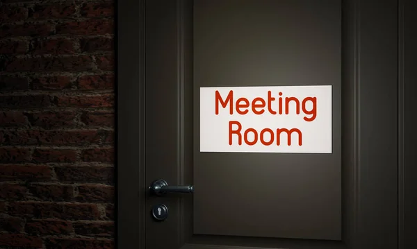 Meeting room, door sign. Hallway with brickwall. Door with the board \