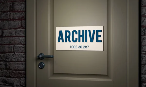 Archive, door sign. Brick wall with a gray door and a sign. Entrance to the archive. Documents, files, records, reports and leagl deocuments. 3D illustration