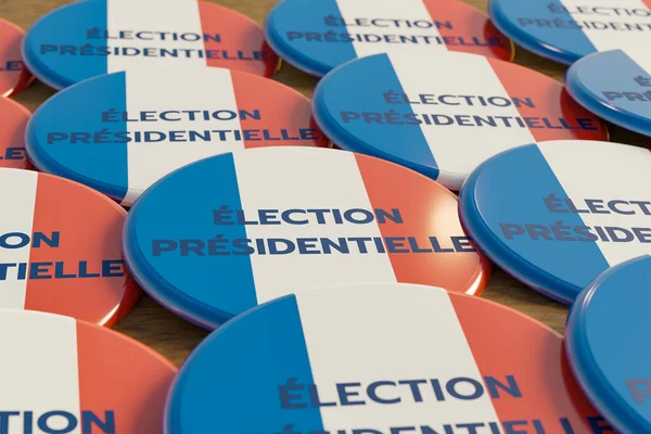 France election badges. French presidential election badges lined up. The badges are in the national color for France. 3D illustration