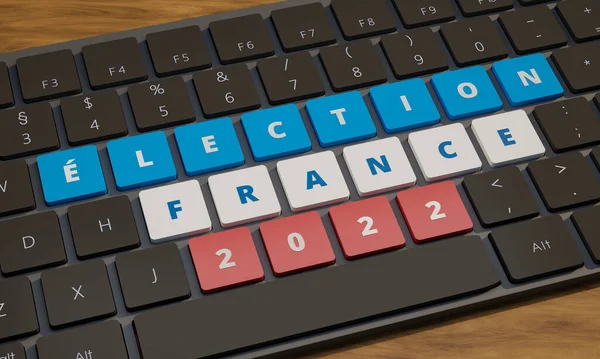Election France. Dark grey computer keyboard. Some keys in the national  color of france in blue, white and red and the text Election France 2022. Politics and election concept. 3D illustration