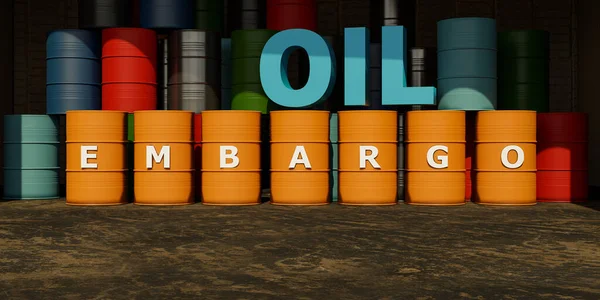 石油禁輸だ オイルと禁輸の手紙と異なる色で積み上げられたオイルバレル 貿易制限 政治制裁の概念 3Dイラスト — ストック写真