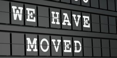 Taşındık. Metinde siyah zaman çizelgesi var, beyaz harflerle açık. Arama, taşınma, yeni adres, duyuru, ofis, yön, hizmet ve iş.