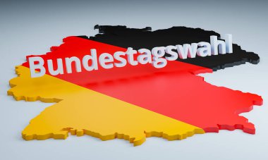 Bundestagswahl Deutschland (Federal Seçim). Bundestagswahl (Federal Seçim) sözcüğüyle Almanya Haritası. Alman siyaseti ve seçim kavramı.