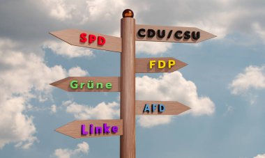 Alman partileri yol tabelasında. Alman federal seçim yolu tabelasında SPD, CDU, FPD gibi Alman partilerinin isimleri var. 3B illüstrasyon.