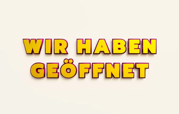 Wir Haben Geoeffnet 我们是开放的 字大写字母 黄色金属光泽 零售地点 通知图标 通知消息 开幕活动 — 图库照片