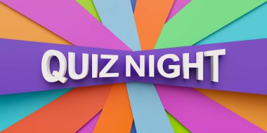 Yarışma Gecesi. Çok renkli kağıt şeritler. Mesaj, sınav gecesi beyaz harflerle. Boş oyunlar, oyun gecesi, oyun, boş zaman aktivitesi, eğlence etkinliği, bilmece ve halka açık etkinlik. 3B illüstrasyon