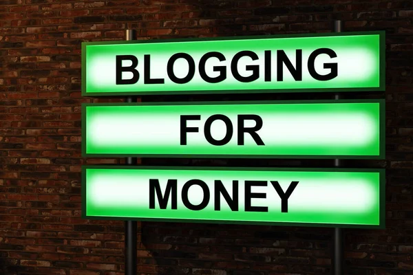 お金のためのブログ ライトボックスに黒い文字 赤レンガの壁の前に照明付きの看板 インフルエンサー お金を稼ぐ インターネット オンライン ソーシャルメディア フォロワー コミュニケーション — ストック写真