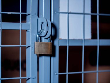 Kapalı asma kilit. Asma kilit bodrumdaki şebeke kapısına asılı..