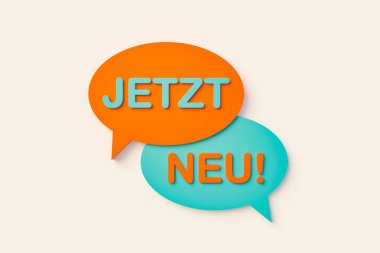 Jetzt neu (şimdi yeni). Beyaz bir duvara karşı turuncu ve mavi renkli konuşma balonu. Mesaj, deyim, bilgi ve kavramları söylemek. 3B illüstrasyon