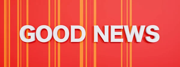Good News - banner, sign. Banner with white capital letters against a red, orange striped background. Message and information concept. 3D illustration