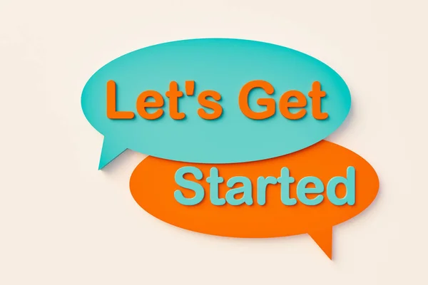 Let\'s get started, online speech bubble. Chat bubble in orange, blue colors. Message, inspiration, motivation and announcement concepts. 3D illustration