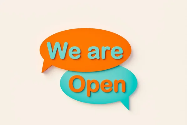 私たちは開いている オンライン音声バブル オレンジ 青の色でチャットバブル メッセージ 小売店 商業活動 3Dイラスト — ストック写真