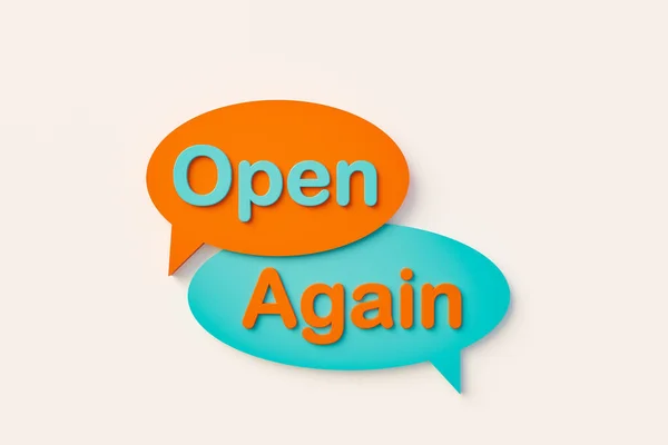 Open again, online speech bubble. Chat bubble in orange, blue colors. Reopening, message, new beginning and news event. 3D illustration