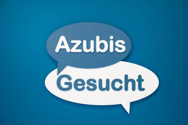 Azubis gesucht (çırak aranıyor) - çizgi film konuşma balonu. Mavi arkaplana karşı beyaz ve mavi bir metin. Motivasyon, stajyer, çırak, meslek, işe alım, fırsat ve adam alma. 3B illüstrasyon