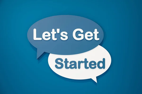 Let\'s get started - cartoon speech bubble. Text in white and blue against a blue background. Motivation, inspiration, work and saying concept. 3D illustration