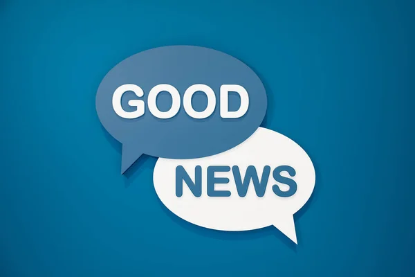 Good news - cartoon speech bubble. Text in white and blue against a blue background. Motivation, saying, information and good news concepts. 3D illustration