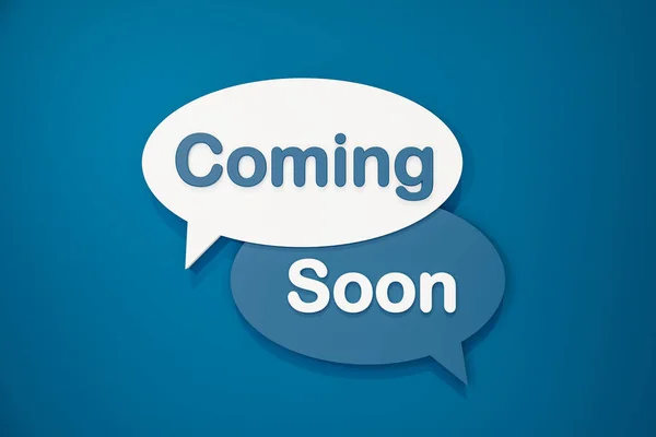 Coming soon, chat bubble with white and blue text against a blue background. Reopening, opening event and announcement concept. 3D illustration