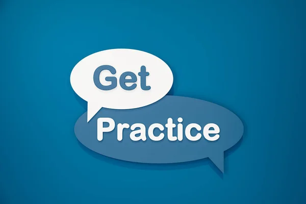 Get Practice Cartoon Speech Bubble Text White Blue Blue Background — Stock Photo, Image