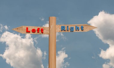 Sokak tabelası bulutlu bir arkaplanda sağa sola yönünü gösteriyor. Sol ve sağ kelimesi, coğrafi ya da siyasi yönü simgeleyen tahtaların üzerinde. Yön, politika ve seçim konsepti. 3B illüstrasyon