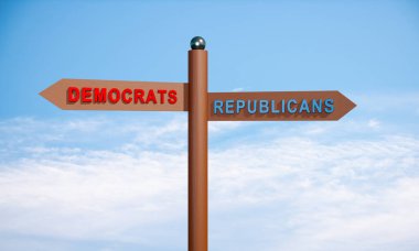 Sokak tabelası bulutlu bir arkaplanda sağa sola yönünü gösteriyor. İki ABD partisi, kırmızılı Demokratlar ve mavili cumhuriyetçiler. Siyaset ve ABD seçim kavramı. 3B illüstrasyon