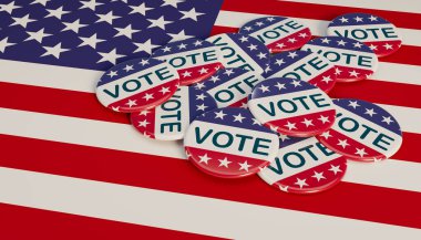 Close-up of some US election vote badges who are laying on the flag of the United State. US election campaign button, 3D Render clipart
