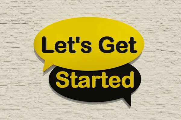Let\'s get started - Speech bubble. Cartoon speech bubble in yellow and black. Motivation, beginnings and teamwork concept. 3D illustration