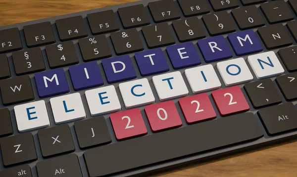 美国中期选举活动 电脑键盘与文字中期选举和2022年的日期 政治选举概念 3D说明 — 图库照片