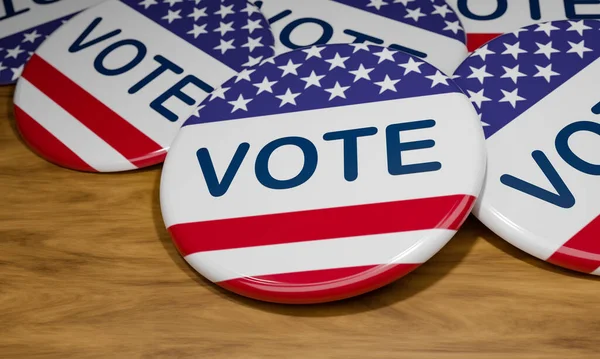 美国的选举徽章上印有美国国旗 中间用大写字母表示投票 美国的竞选活动按钮躺在被抛弃了的桌子上 政治和选举概念 3D说明 — 图库照片