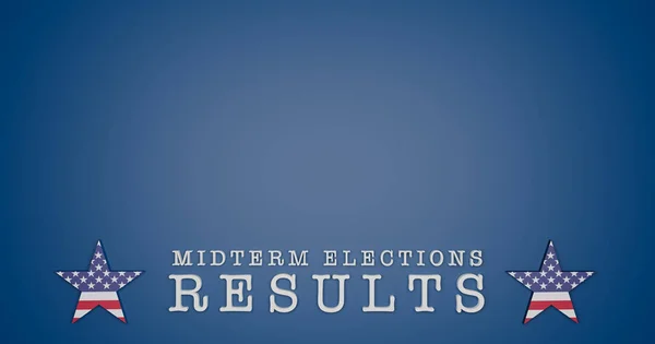 US midterm election results banner in blue, with two stars textured with the flag of the United States. United States election concept, 3D illustration.