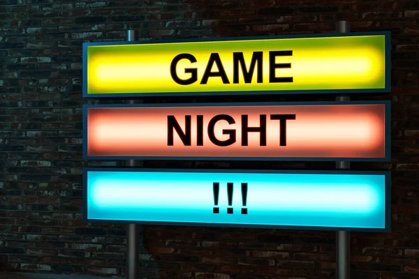 ゲームの夜 ライトボックスに黒い文字 レンガの壁の前に置かれた照明の看板 レジャーゲーム 楽しさとエンターテイメントのコンセプト 3Dイラスト — ストック写真