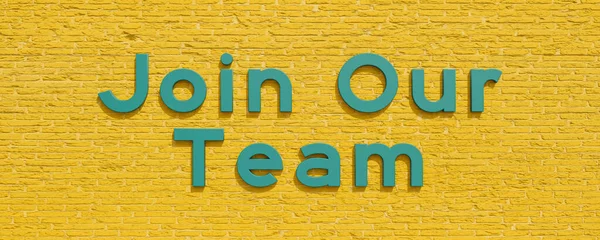 Join our team - banner, sign. Background yellow brick wall. Join our team in blue capital letters. Motivation, team building activities, teamwork and job opportunity. 3D illustration