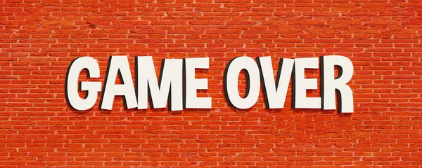 Game over. Background orange brick wall. Game over in white capital letters. Leisure games, finishing, end, final game, video game and gambling. 3D illustration