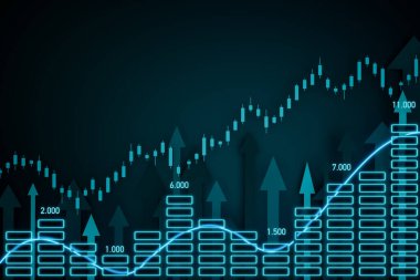 Grafik ve çizgi yukarı çıkıyor. Yükselen oklar. Pozitif mavi çizelge. İş dünyası, finansal rakamlar, analiz, büyüme, bilgi, finansal rapor. Soyut iş kavramı.