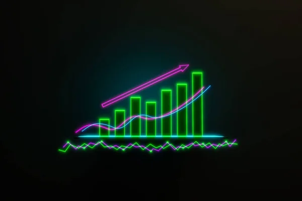 Bar graph and line moving up. Positive bar chart in green. Business, financial figures, revenue, analyzing, growth, infographic, rising arrow, financial report.