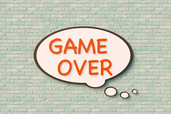 Game Cartoon Speech Bubble Orange Letters Slightly Bluish Brick Wall — Stock Photo, Image