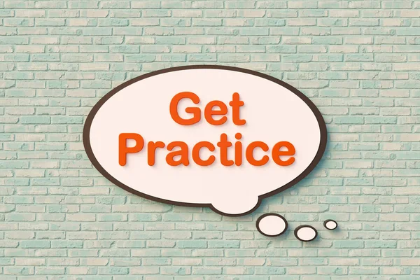 Get Practice Cartoon Speech Bubble Orange Letters Slightly Bluish Brick — Stock Photo, Image